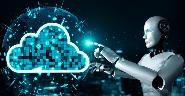 L'uminoide robotico AI utilizza la tecnologia del cloud computing per archiviare i dati su un server online