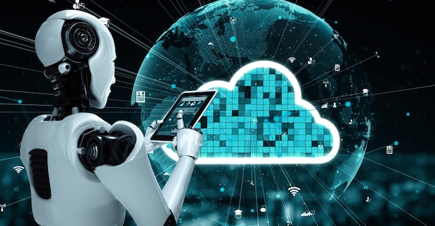 L'uminoide robotico AI utilizza la tecnologia del cloud computing per archiviare i dati su un server online