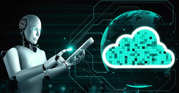 L'uminoide robotico AI utilizza la tecnologia del cloud computing per archiviare i dati su un server online