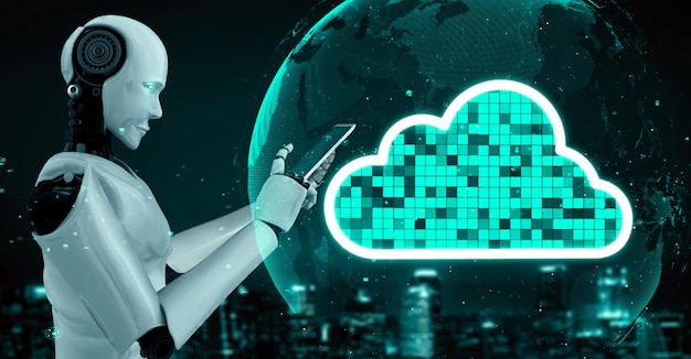 L'uminoide robotico AI utilizza la tecnologia del cloud computing per archiviare i dati su un server online