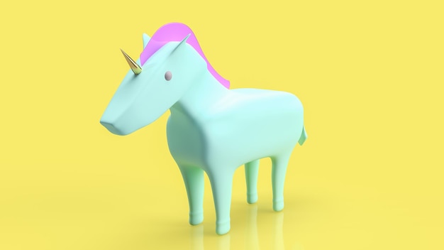 L'unicorno blu su sfondo giallo per il rendering 3d del concetto di avvio