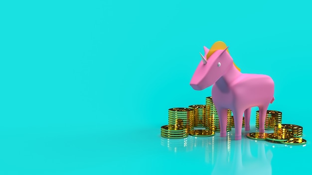 L'unicorno rosa e le monete d'oro per avviare il rendering 3d dei contenuti aziendali.