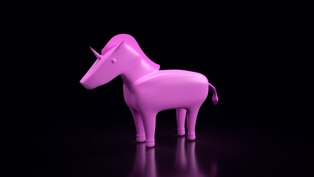 L'unicorno rosa su sfondo nero rendering 3d