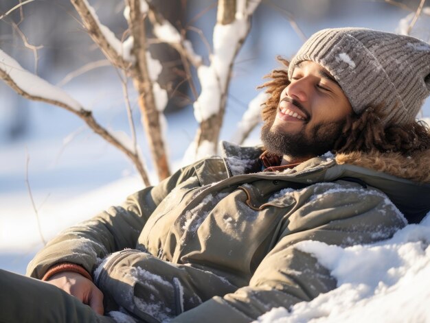 L'uomo afroamericano si diverte la giornata invernale innevata in una postura giocosa, emotiva e dinamica.