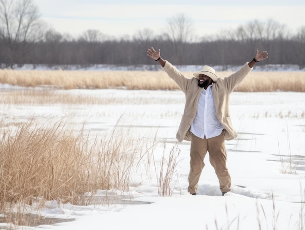 L'uomo afroamericano si diverte la giornata invernale innevata in una postura giocosa, emotiva e dinamica.