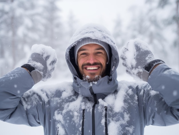 L'uomo afroamericano si diverte la giornata invernale innevata in una postura giocosa, emotiva e dinamica.