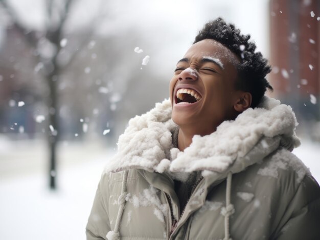 L'uomo afroamericano si diverte la giornata invernale innevata in una postura giocosa, emotiva e dinamica.