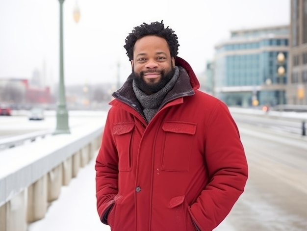 L'uomo afroamericano si diverte la giornata invernale innevata in una postura giocosa, emotiva e dinamica.