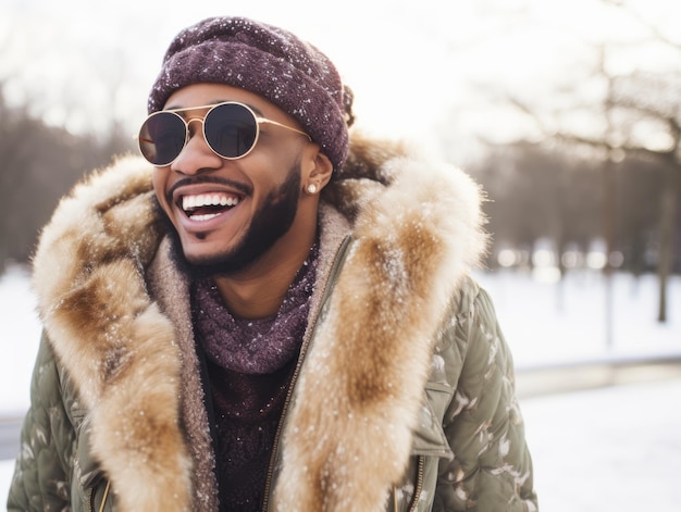 L'uomo afroamericano si diverte la giornata invernale innevata in una postura giocosa, emotiva e dinamica.