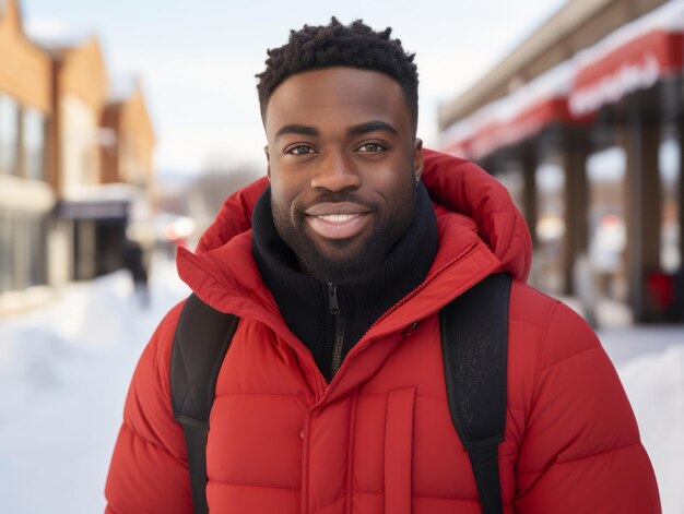 L'uomo afroamericano si diverte la giornata invernale innevata in una postura giocosa, emotiva e dinamica.