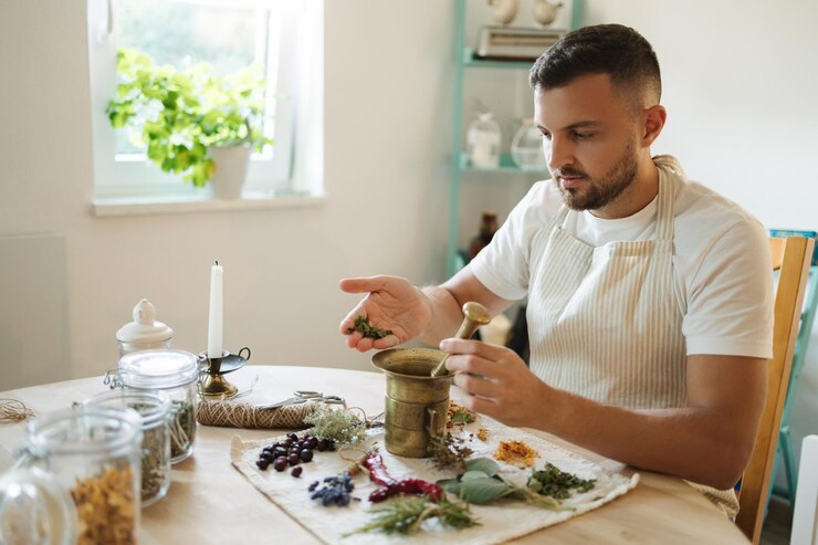 L'uomo aggiunge menta secca a un malta e pestello integratori salutari e nutrizionali fatti in casa