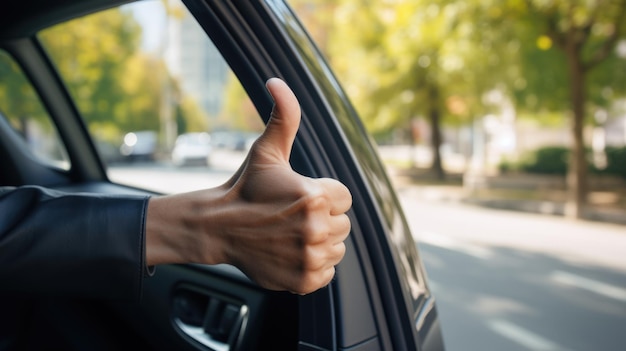 L'uomo all'interno della sua macchina gesticola il pollice in alto