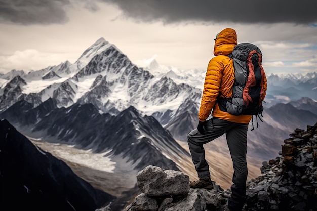 L'uomo alpinista in inverno nevoso illustrazione IA generativa