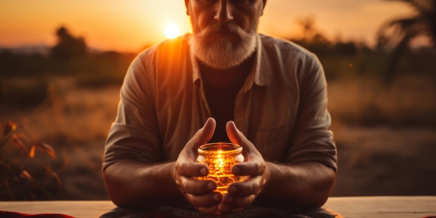 L'uomo alza le mani pregando e adorando la croce terapia eucaristica benedire dio aiutando speranza e fede concetto di religione cristiana sullo sfondo del tramonto