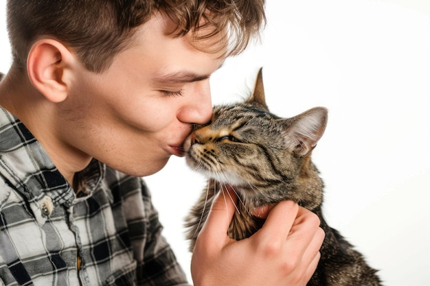 L'uomo ama e bacia il suo gatto