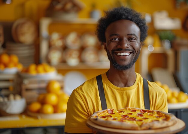 L'uomo americano allegro tiene in mano una deliziosa pizza e sorride mentre è in piedi in cucina.