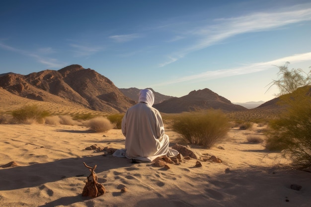 L'uomo anacoreta è nel deserto Bella immagine illustrativa IA generativa