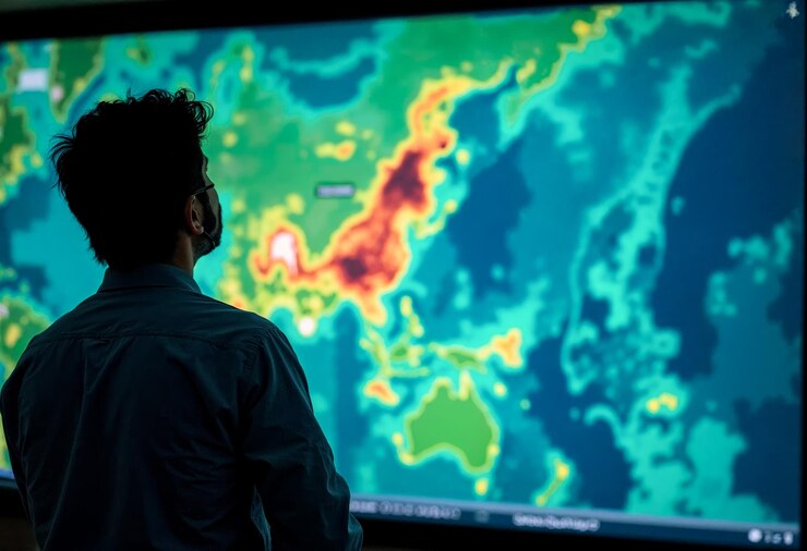 L'uomo analizza la mappa termica globale i cambiamenti climatici il riscaldamento globale la visualizzazione dei dati su grande schermo la scienza la tecnologia la ricerca l'ambiente la geografia la cartografia la silhouette i modelli meteorologici la mappa del mondo