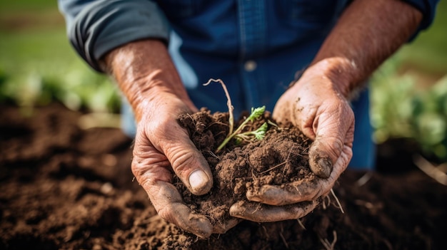 L'uomo anziano che fa il giardinaggio tiene nelle sue mani un terreno fertile con una piantina verde in crescita Processo di semina del giardino primaverile