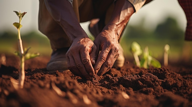 L'uomo anziano che fa il giardinaggio tiene nelle sue mani un terreno fertile con una piantina verde in crescita Processo di semina del giardino primaverile