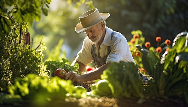 L'uomo anziano che raccoglie le verdure nel giardino indossa un cappello di paglia