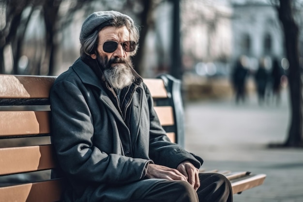 L'uomo anziano con il cappotto e il cappello degli occhiali da sole si siede sulla panchina IA generativa