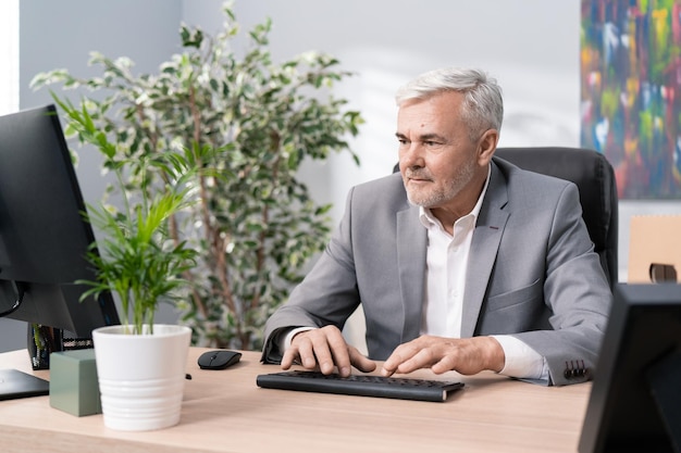 L'uomo anziano con la barba grigia è seduto al computer dietro la scrivania in ufficio