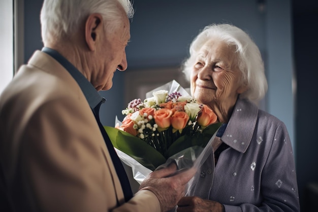 L'uomo anziano dà a una donna anziana un mazzo di fiori