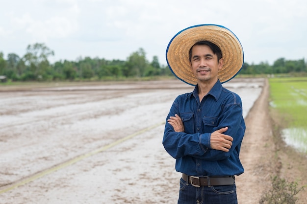 L'uomo asiatico del coltivatore indossa la camicia e il cappello blu con il braccio trasversale alla fattoria del riso verde.