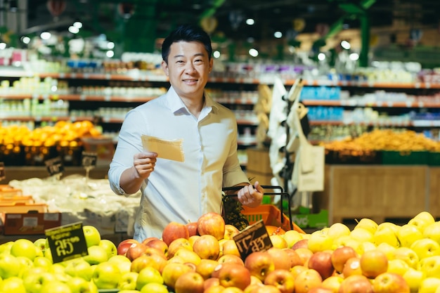 L'uomo asiatico nel supermercato sceglie la frutta della mela fa gli acquisti guarda i sorrisi del ritratto della lista della spesa