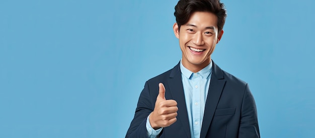L'uomo asiatico sorridente indica lo spazio della copia su sfondo blu con il telefono