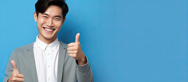 L'uomo asiatico sorridente indica lo spazio della copia su sfondo blu con il telefono