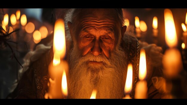 L'uomo barbuto circondato dalla Pasqua alla luce delle candele