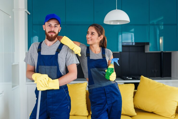 L'uomo bello sorridente e la giovane donna attraente come pulitori professionali stanno insieme nella cucina contemporanea con i detersivi.