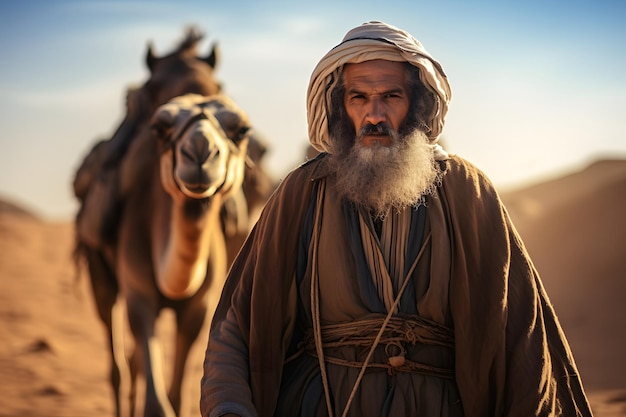 L'uomo berbero che guida la carovana di cammelli Un uomo guida due cammelli attraverso il deserto Uomo che indossa abiti tradizionali