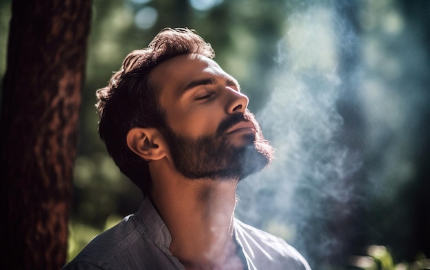 L'uomo bruna respira aria fresca nella foresta