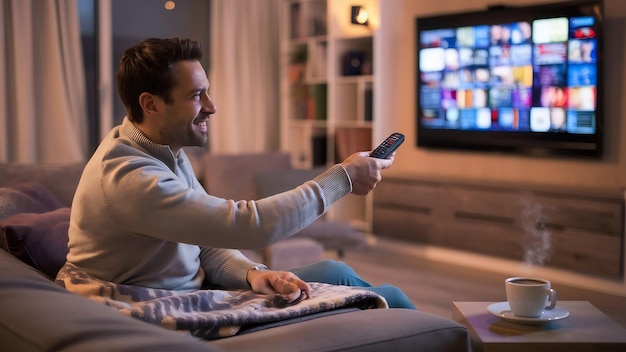 L'uomo cambia canale in TV seduto sul divano.