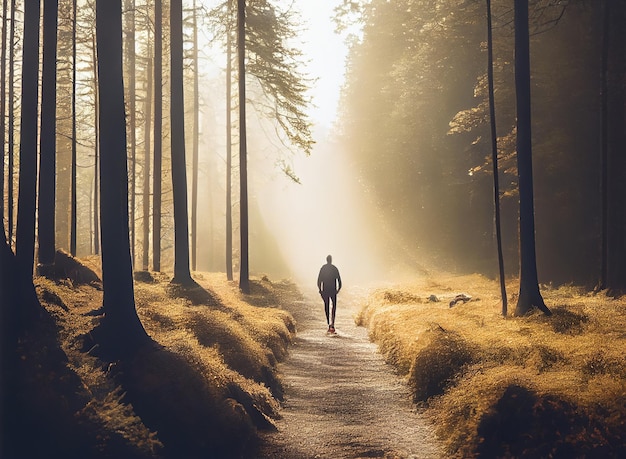 L'uomo cammina attraverso la foresta sotto i raggi luminosi del sole IA generativa