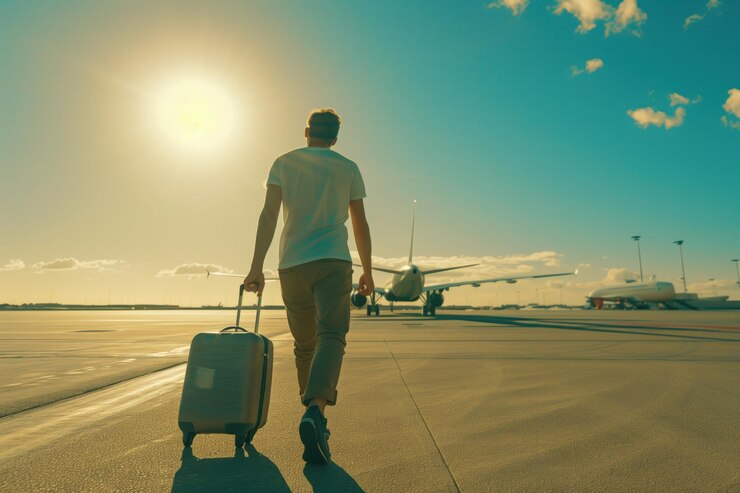 Foto l'uomo cammina verso l'aereo sull'asfalto dell'aeroporto portando una valigia nera con le ruote in una luminosa giornata di sole con un cielo blu limpido punteggiato di nuvole soffici e caldo bagliore