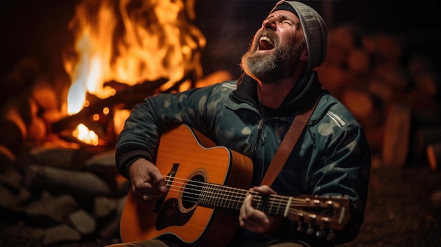 L'uomo canta e suona la chitarra seduto accanto al fuoco nella natura