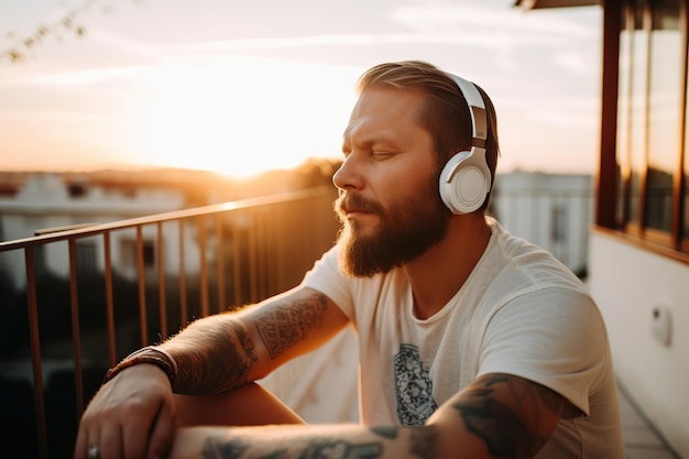 L'uomo caucasico adulto è in uno stato di relax pace con gli occhi chiusi ascoltando musica IA generativa