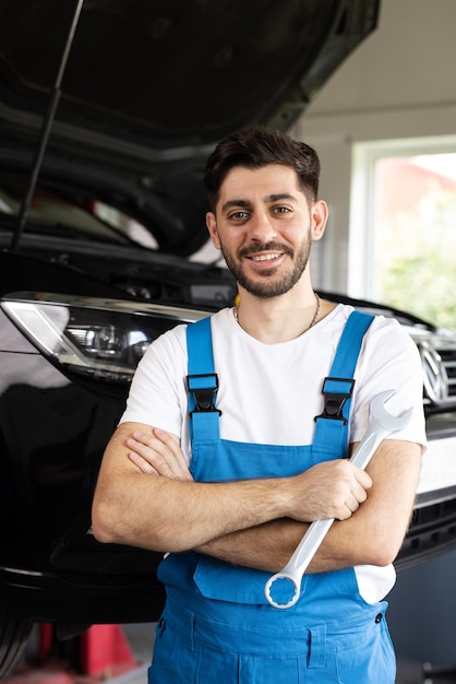 L'uomo caucasico con la barba in tute blu tiene la chiave sorridente e guarda nella macchina fotografica maschile