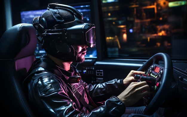 L'uomo caucasico sta guidando nella futuristica cabina di pilotaggio del sedile del simulatore. Gioca con il motore dei videogiochi intelligenti