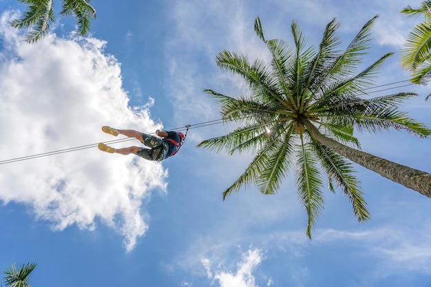 L'uomo cavalca sulla linea zip nella giungla sull'isola di terrazze di riso Bali Ubud Indonesia