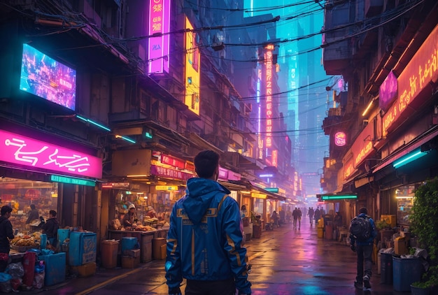 L'uomo che cammina da solo nella città Cyberpunk piovosa