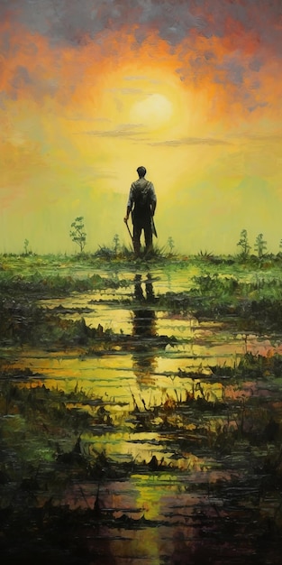L'uomo che cammina davanti al tramonto dipinto da Wojciech Siudmak