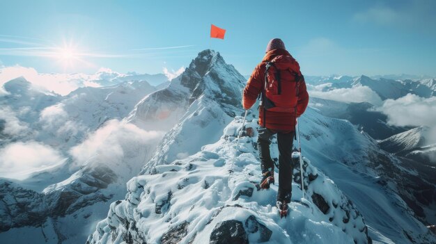 L'uomo che conquista la vetta della montagna innevata