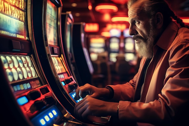 L'uomo che gioca alle slot machine si è concentrato con un'inquadratura ravvicinata