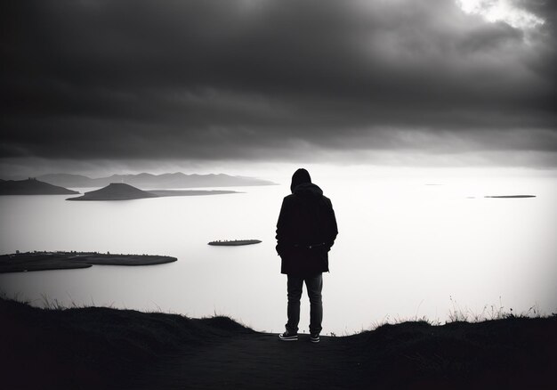 L'uomo che guarda il mare dalla montagna nero e bianco