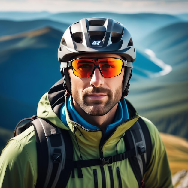 L'uomo che indossa casco e occhiali da sole si trova con fiducia davanti all'enorme sfondo di montagna pronto per l'esplorazione dell'avventura potrebbe prepararsi per andare in bicicletta o per qualche altra attività all'aperto